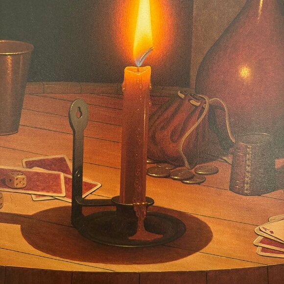 Moritz (Rudy) Rusche Candlelight Still Life Oil Painting - Cards & Coins - Picture 4 of 6
